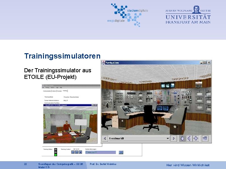 Trainingssimulatoren Der Trainingssimulator aus ETOILE (EU-Projekt) 22 Grundlagen der Computergrafik – SS 06 Modul