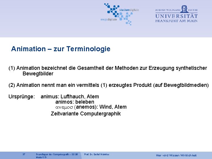 Animation – zur Terminologie (1) Animation bezeichnet die Gesamtheit der Methoden zur Erzeugung synthetischer