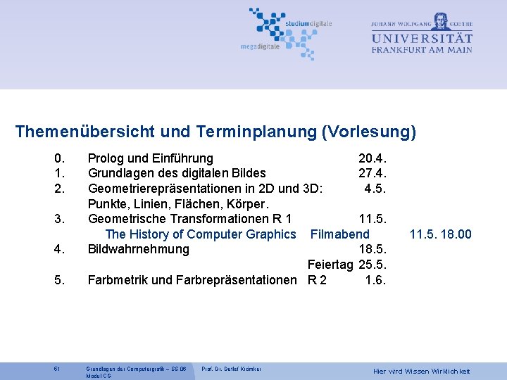 Themenübersicht und Terminplanung (Vorlesung) 0. 1. 2. 3. 4. 5. 51 Prolog und Einführung