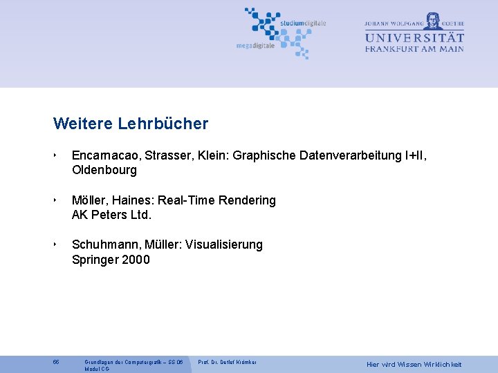Weitere Lehrbücher ‣ Encarnacao, Strasser, Klein: Graphische Datenverarbeitung I+II, Oldenbourg ‣ Möller, Haines: Real-Time