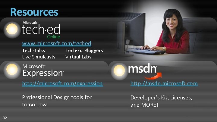 Resources www. microsoft. com/teched Tech·Talks Live Simulcasts 32 Tech·Ed Bloggers Virtual Labs http: //microsoft.