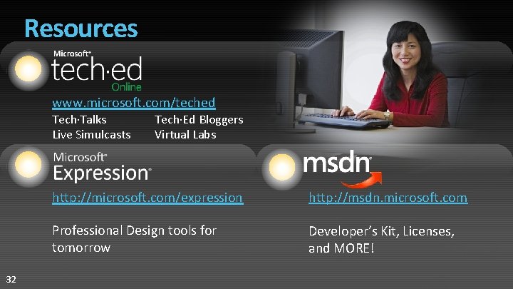 Resources www. microsoft. com/teched Tech·Talks Live Simulcasts 32 Tech·Ed Bloggers Virtual Labs http: //microsoft. Resources www. microsoft. com/teched Tech·Talks Live Simulcasts 32 Tech·Ed Bloggers Virtual Labs http: //microsoft.