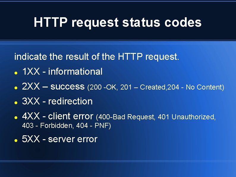 HTTP request status codes indicate the result of the HTTP request. 1 XX - HTTP request status codes indicate the result of the HTTP request. 1 XX -