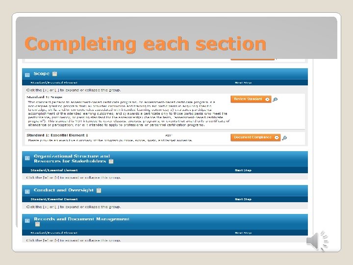 Completing each section 