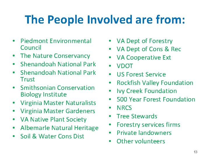 The People Involved are from: • Piedmont Environmental Council • The Nature Conservancy •
