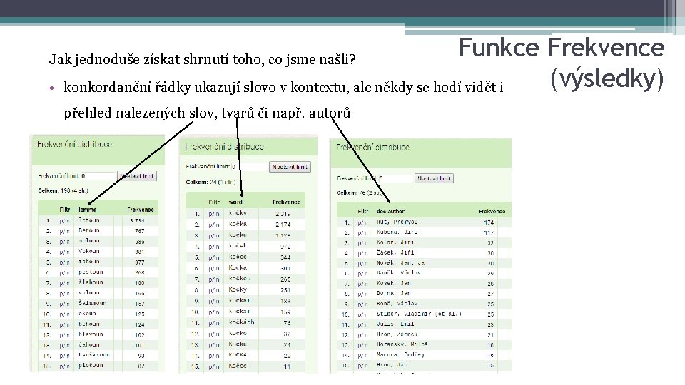 Funkce Frekvence (výsledky) konkordanční řádky ukazují slovo v kontextu, ale někdy se hodí vidět