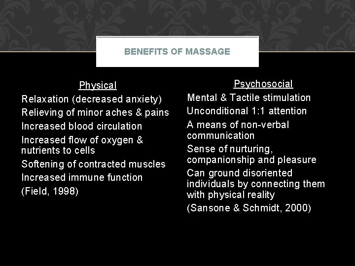 BENEFITS OF MASSAGE Physical Relaxation (decreased anxiety) Relieving of minor aches & pains Increased