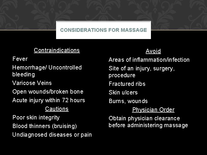CONSIDERATIONS FOR MASSAGE Contraindications Fever Hemorrhage/ Uncontrolled bleeding Varicose Veins Open wounds/broken bone Acute