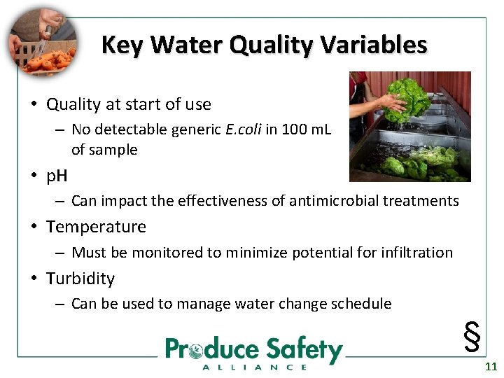 Key Water Quality Variables • Quality at start of use – No detectable generic