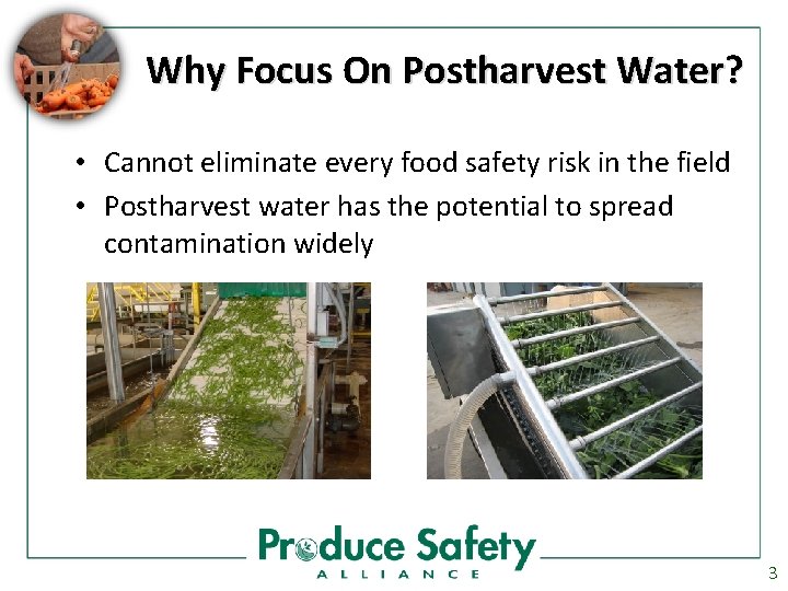 Why Focus On Postharvest Water? • Cannot eliminate every food safety risk in the
