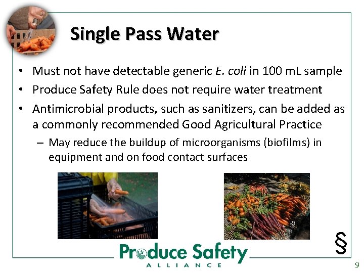 Single Pass Water • Must not have detectable generic E. coli in 100 m.