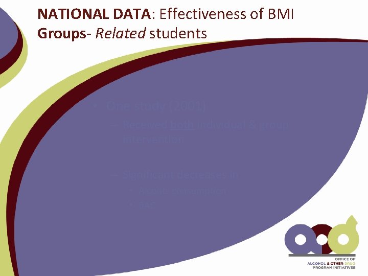 NATIONAL DATA: Effectiveness of BMI Groups- Related students • One study (2001) – Received