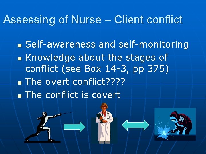 Assessing of Nurse – Client conflict n n Self-awareness and self-monitoring Knowledge about the