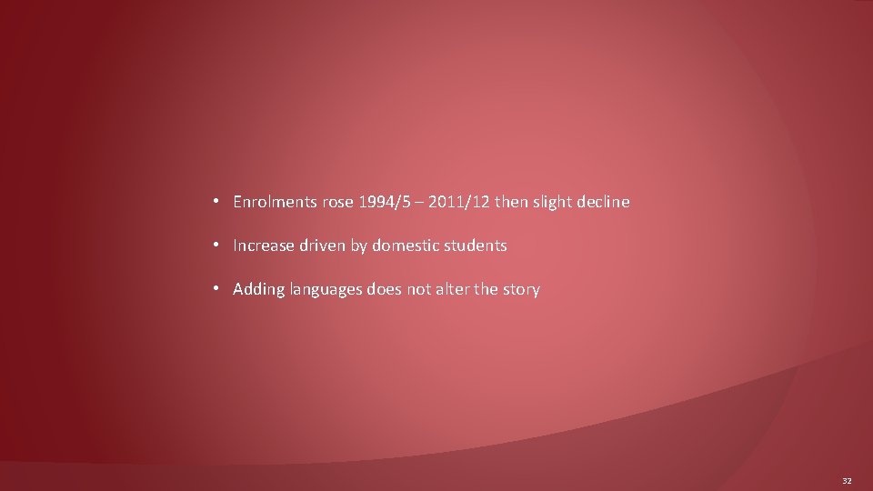  • Enrolments rose 1994/5 – 2011/12 then slight decline • Increase driven by