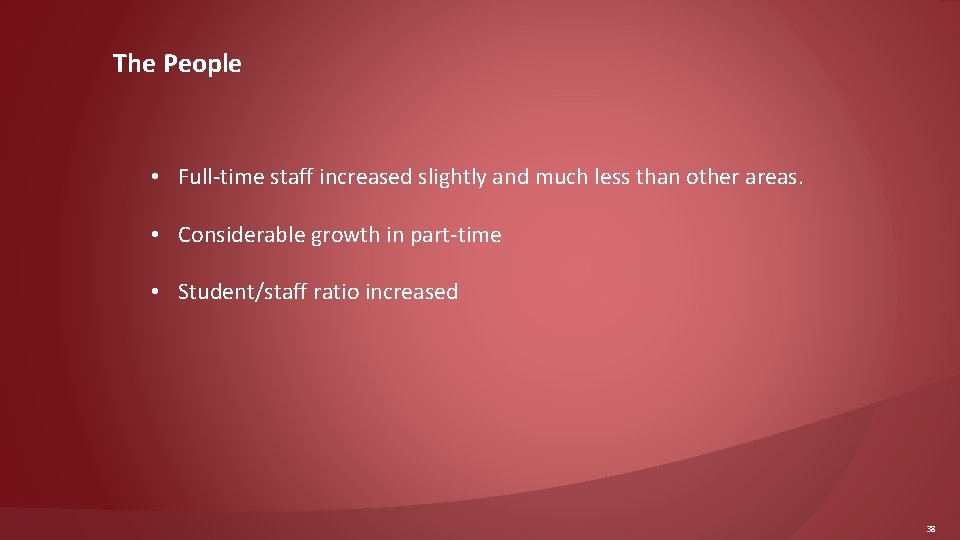 The People • Full-time staff increased slightly and much less than other areas. •