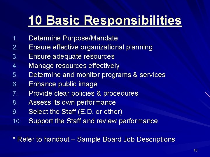 10 Basic Responsibilities 1. 2. 3. 4. 5. 6. 7. 8. 9. 10. Determine