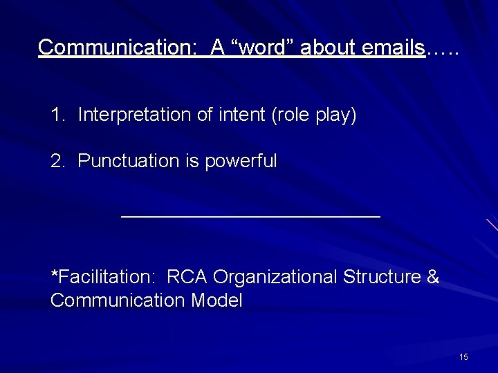 Communication: A “word” about emails…. . 1. Interpretation of intent (role play) 2. Punctuation