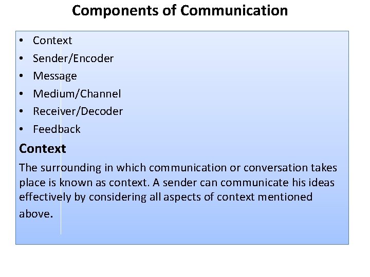 Components of Communication • • • Context Sender/Encoder Message Medium/Channel Receiver/Decoder Feedback Context The