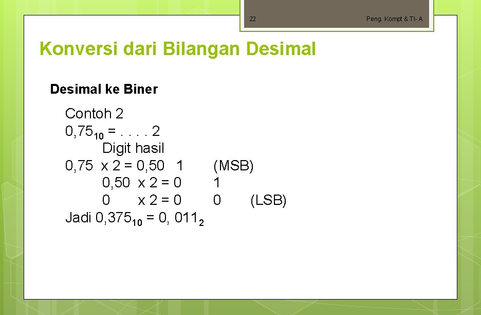 22 Konversi dari Bilangan Desimal ke Biner Contoh 2 0, 7510 =. . 2