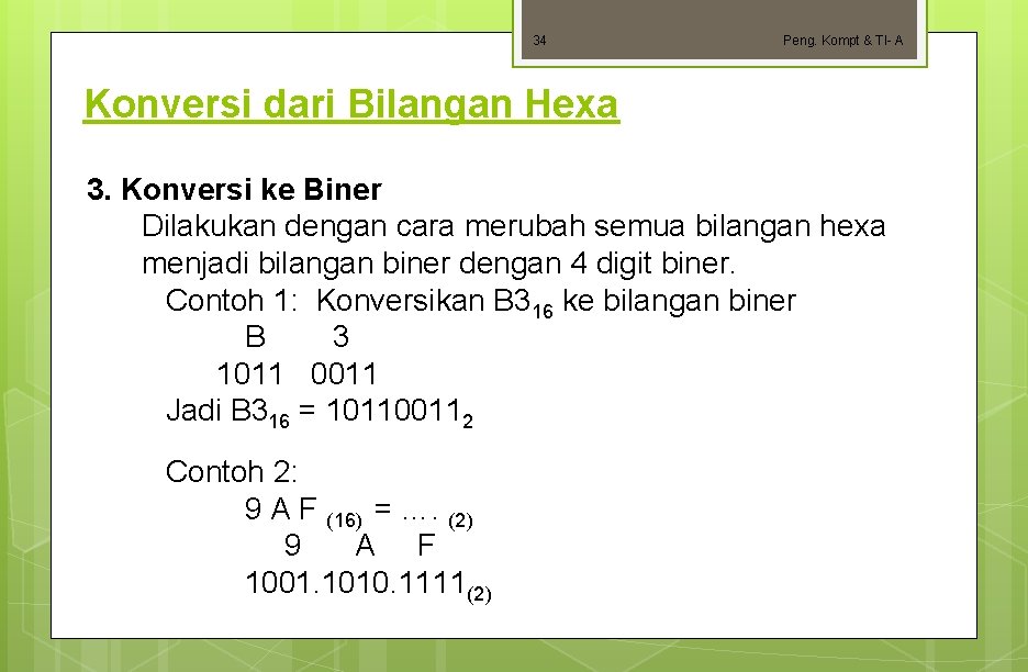 34 Peng. Kompt & TI- A Konversi dari Bilangan Hexa 3. Konversi ke Biner