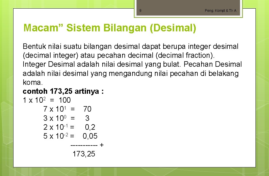 9 Peng. Kompt & TI- A Macam” Sistem Bilangan (Desimal) Bentuk nilai suatu bilangan