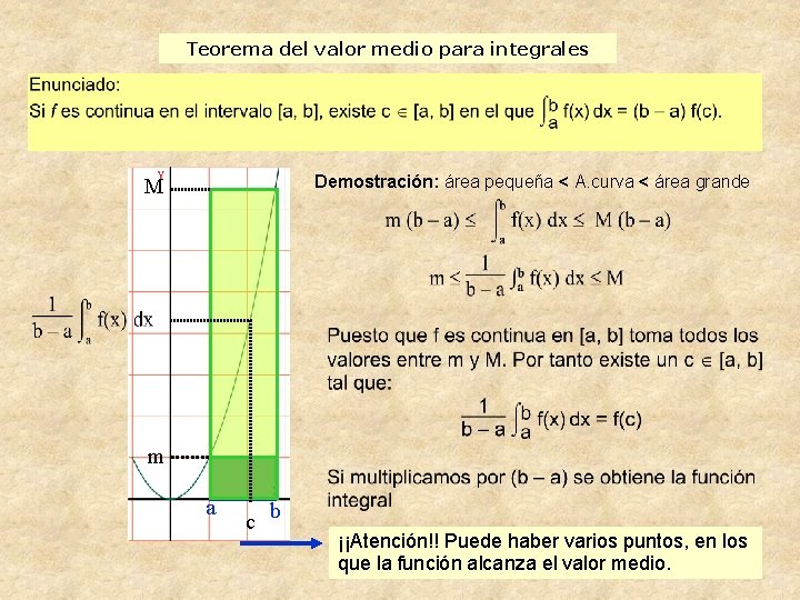 Teorema del valor medio para integrales Demostración: área pequeña < A. curva < área