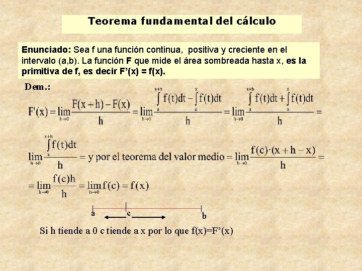 Teorema fundamental del cálculo Enunciado: Sea f una función continua, positiva y creciente en