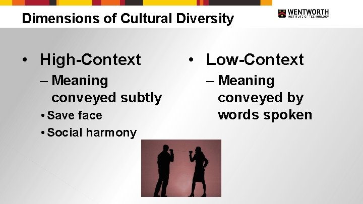 Dimensions of Cultural Diversity • High-Context – Meaning conveyed subtly • Save face •