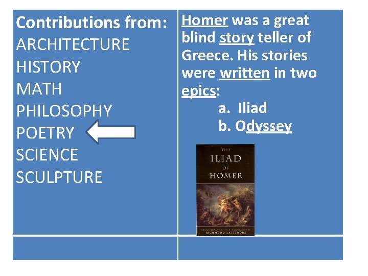 Contributions from: ARCHITECTURE HISTORY MATH PHILOSOPHY POETRY SCIENCE SCULPTURE Homer was a great blind