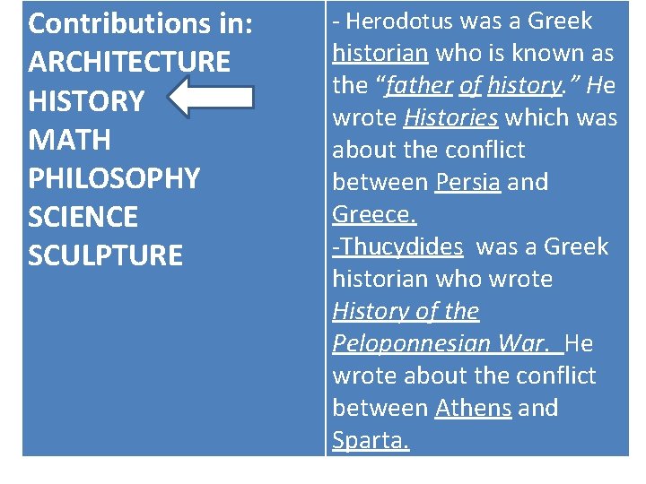 Contributions in: ARCHITECTURE HISTORY MATH PHILOSOPHY SCIENCE SCULPTURE - Herodotus was a Greek historian