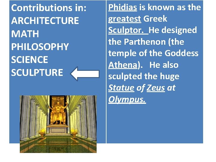 Contributions in: ARCHITECTURE MATH PHILOSOPHY SCIENCE SCULPTURE Phidias is known as the greatest Greek