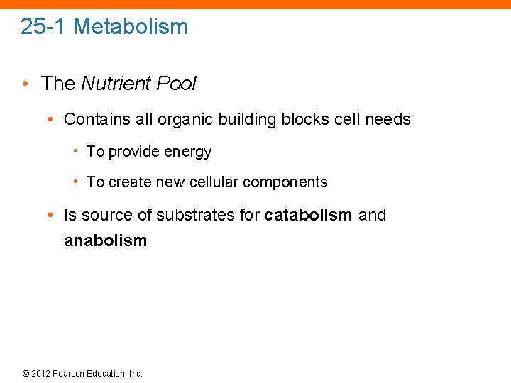 25 -1 Metabolism • The Nutrient Pool • Contains all organic building blocks cell