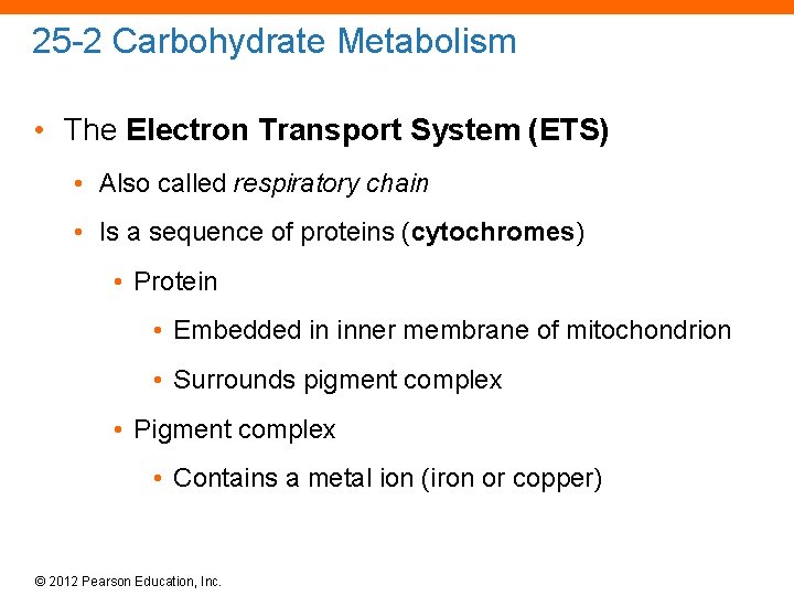 25 -2 Carbohydrate Metabolism • The Electron Transport System (ETS) • Also called respiratory