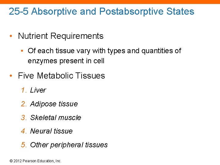 25 -5 Absorptive and Postabsorptive States • Nutrient Requirements • Of each tissue vary