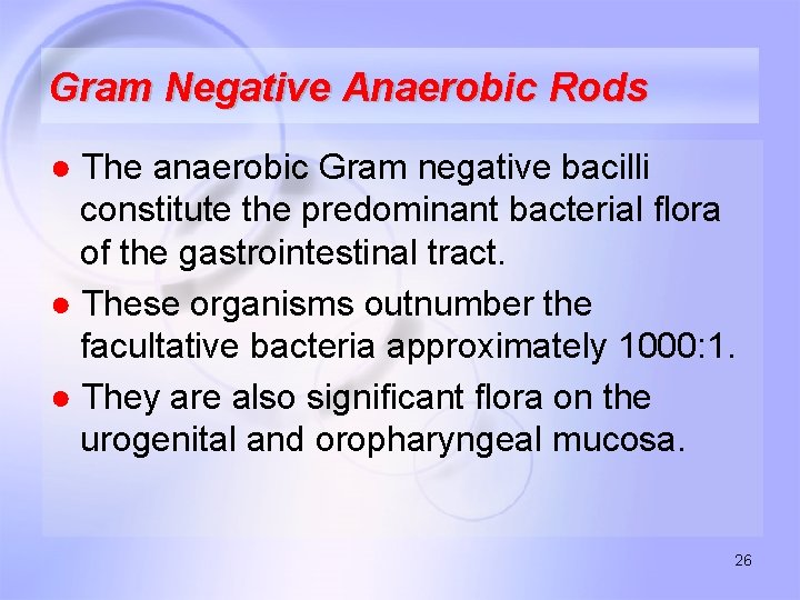 Gram Negative Anaerobic Rods ● The anaerobic Gram negative bacilli constitute the predominant bacterial
