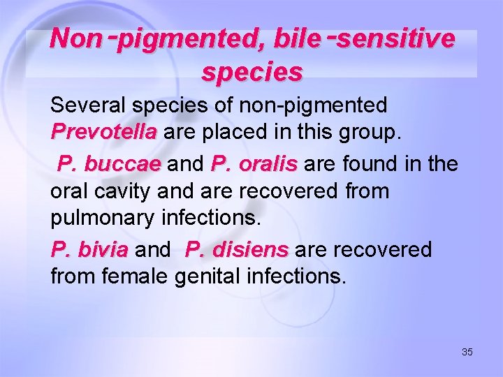 Non‑pigmented, bile‑sensitive species Several species of non-pigmented Prevotella are placed in this group. P.