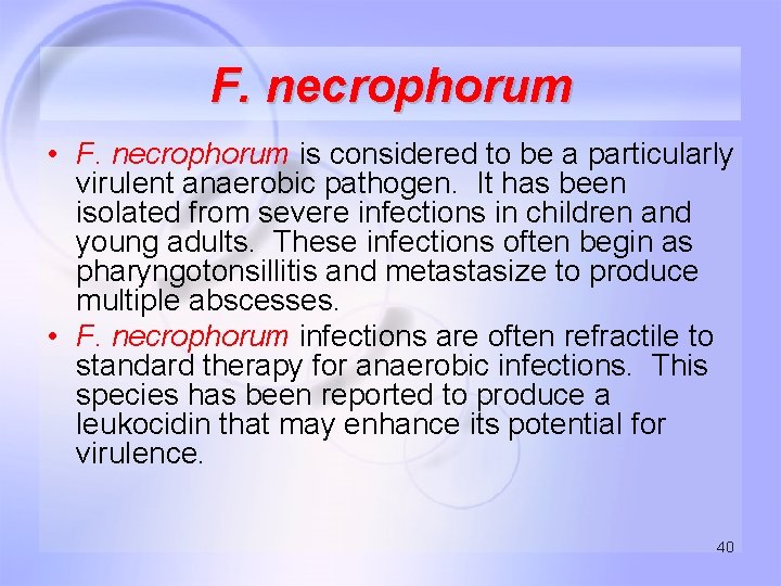 F. necrophorum • F. necrophorum is considered to be a particularly virulent anaerobic pathogen.