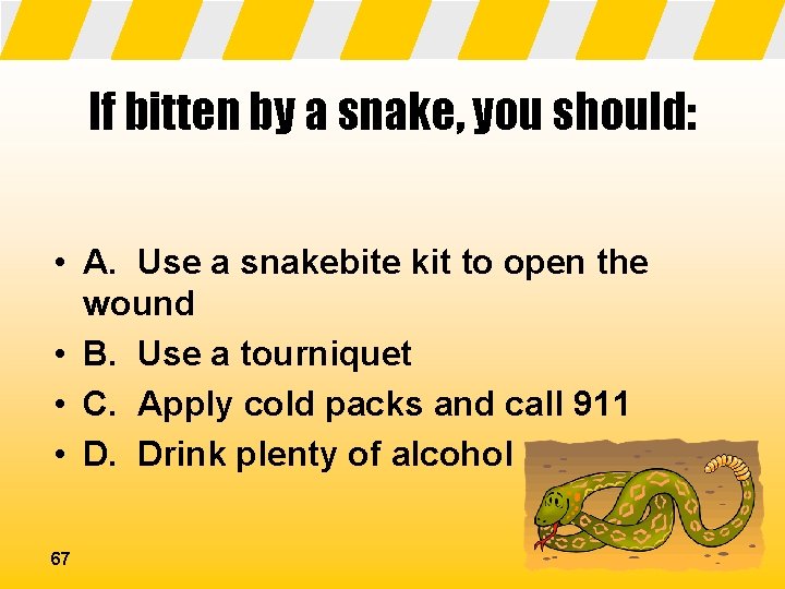 If bitten by a snake, you should: • A. Use a snakebite kit to