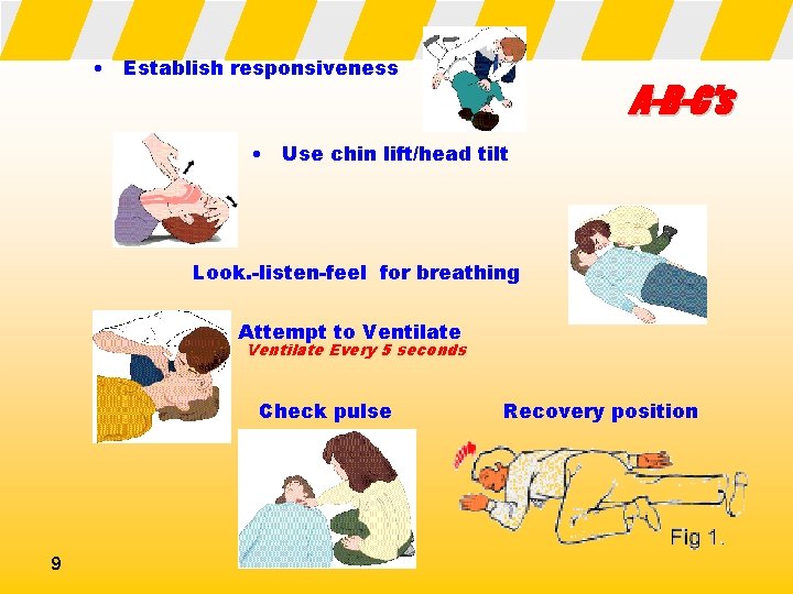  • Establish responsiveness A-B-C’s • Use chin lift/head tilt Look. -listen-feel for breathing