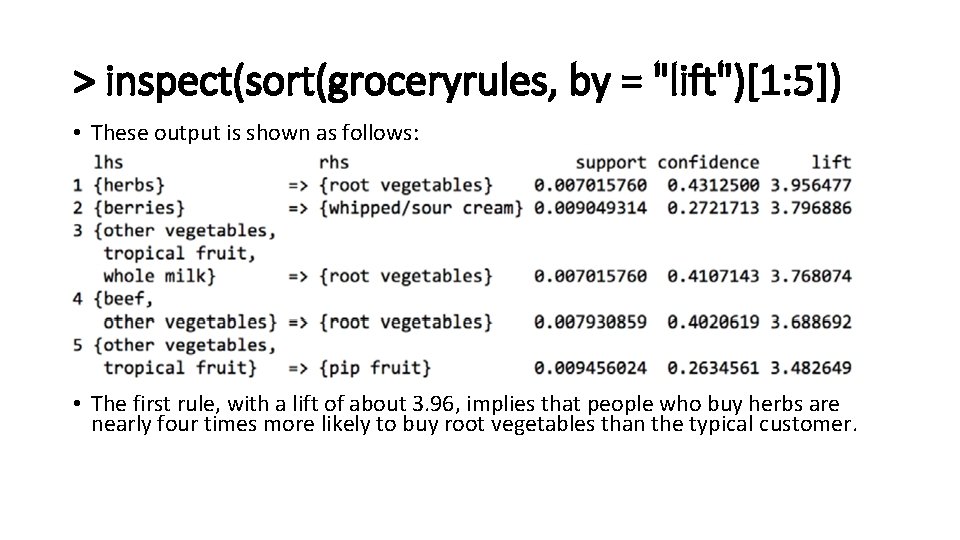 > inspect(sort(groceryrules, by = "lift")[1: 5]) • These output is shown as follows: •