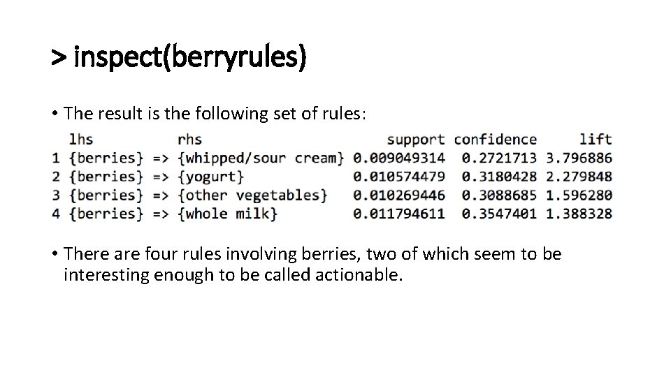 > inspect(berryrules) • The result is the following set of rules: • There are