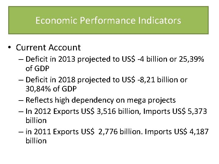 Economic Performance Indicators • Current Account – Deficit in 2013 projected to US$ -4