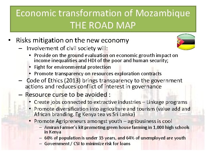 Economic transformation of Mozambique THE ROAD MAP • Risks mitigation on the new economy
