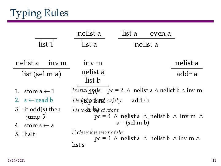 Typing Rules list 1 nelist a inv m list (sel m a) 1. store