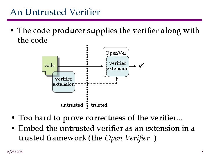 An Untrusted Verifier • The code producer supplies the verifier along with the code