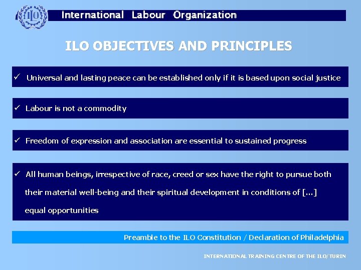 ILO OBJECTIVES AND PRINCIPLES ü Universal and lasting peace can be established only if