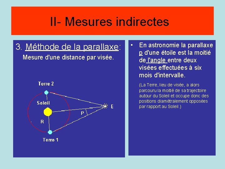  Méthode de la parallaxe II- Mesures indirectes 3. Méthode de la parallaxe: Mesure