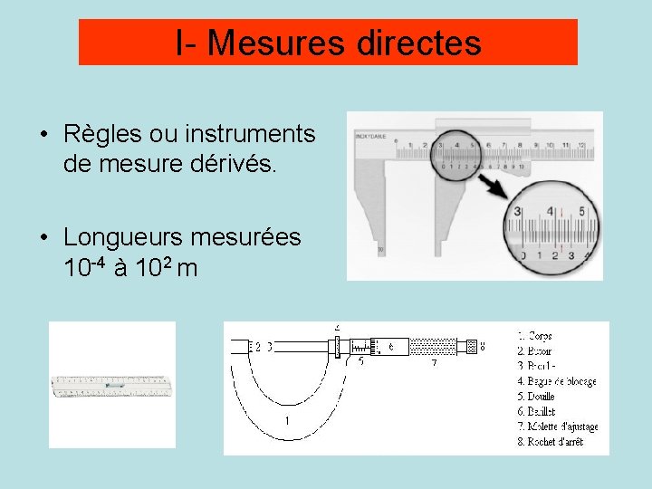 I- Mesures directes • Règles ou instruments de mesure dérivés. • Longueurs mesurées 10