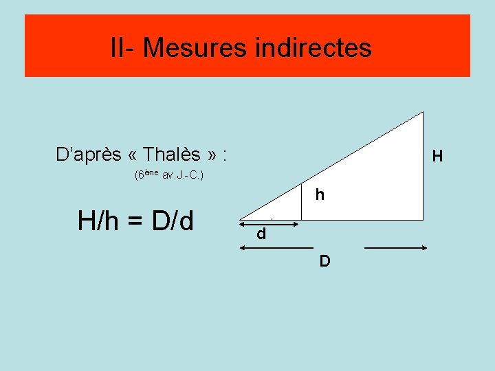 Méthode par visée II- Mesures indirectes D’après « Thalès » : H H (6ème