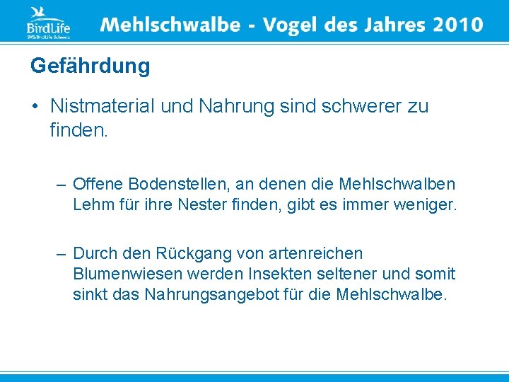 Gefährdung • Nistmaterial und Nahrung sind schwerer zu finden. – Offene Bodenstellen, an denen